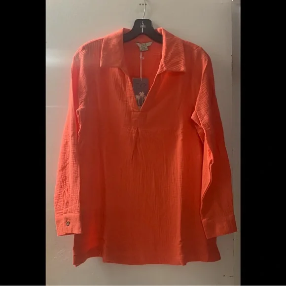 🌟Tangerine-Bubble Gauze Shirt with Collar - Picture 2 of 4